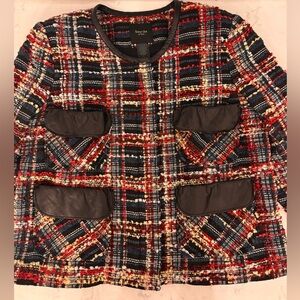 Stunning Smythe Multicolor Plaid Tweed Jacket with Leather Trim